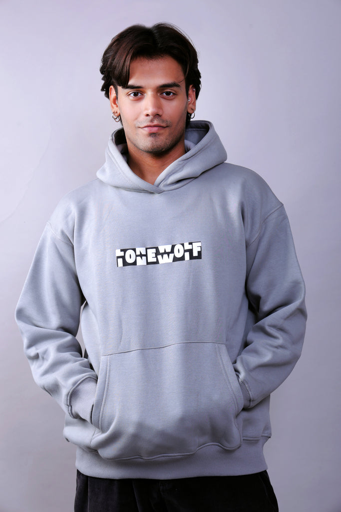 METALLIC GREY PUFF PRINTED OVERSIZED HOODIE