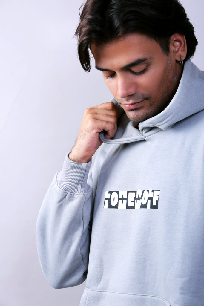 METALLIC GREY PUFF PRINTED OVERSIZED HOODIE